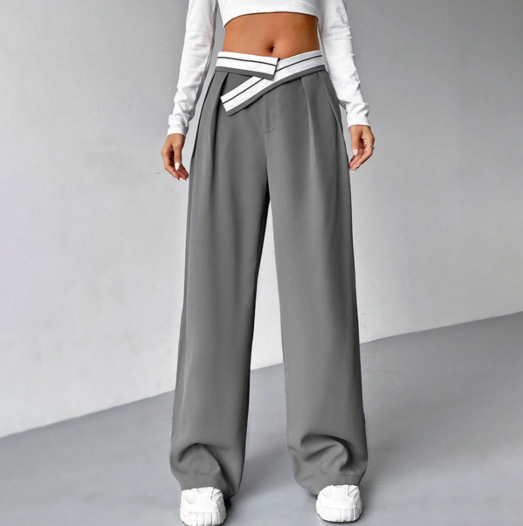 Spring Patchwork Contrast Color Trousers Women Clothing Casual Straight Pants Gray Work Pant